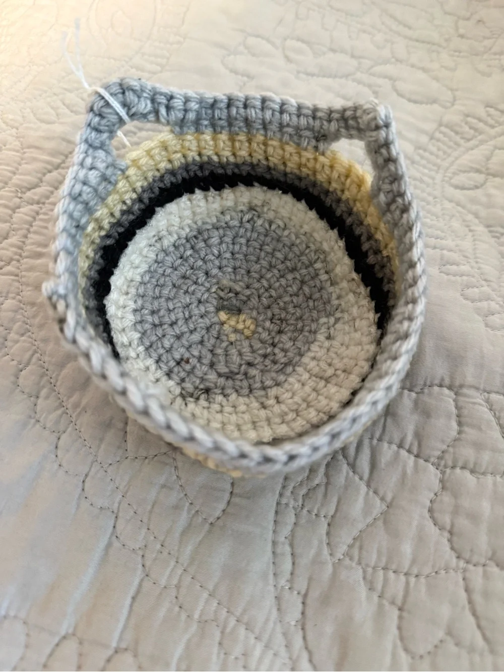 Handmade Crochet Catchall Bowl in Gray and Cream - Small Home Organizer